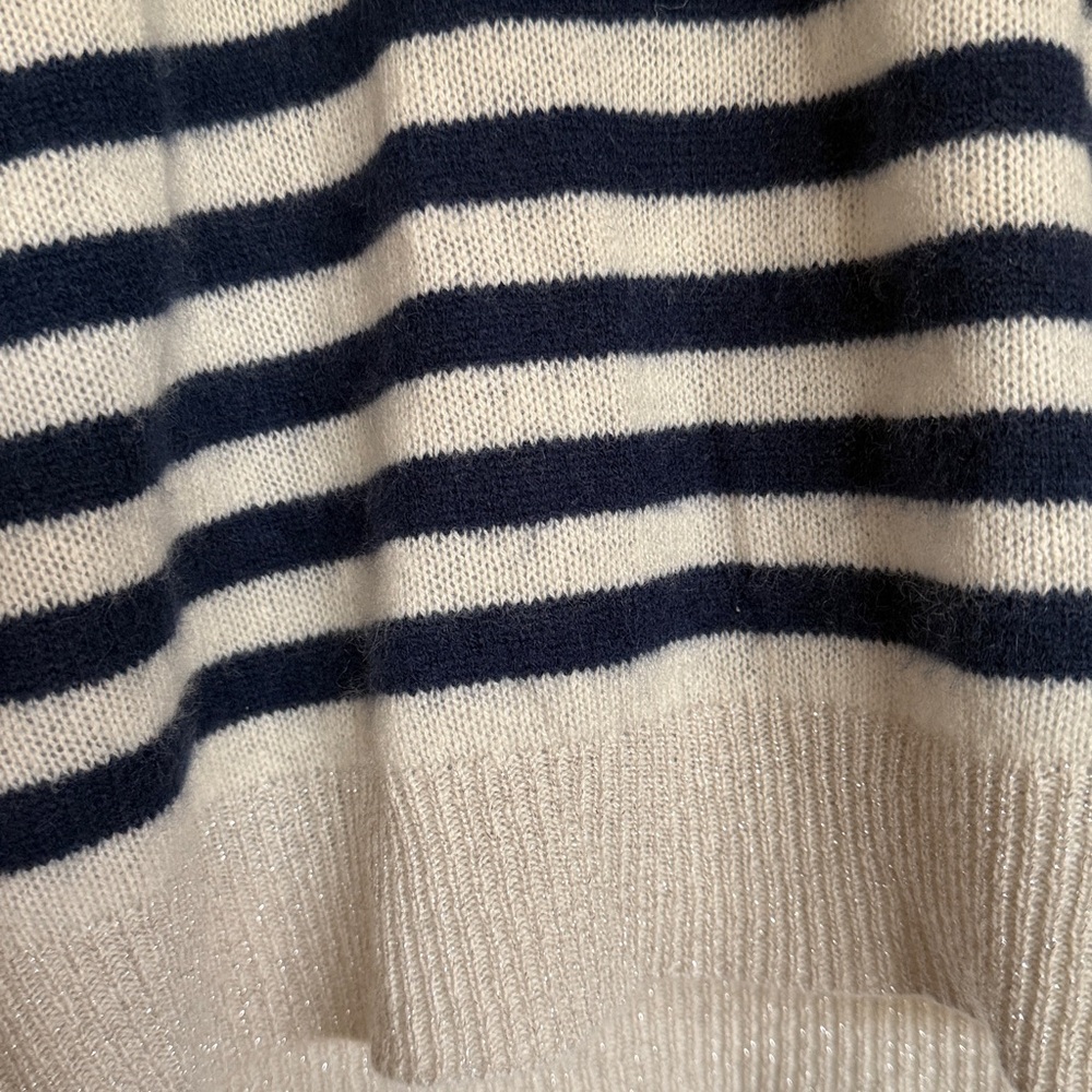 360 Cashmere Navy and Cream Striped Crewneck Sweater - Picture 2 of 6